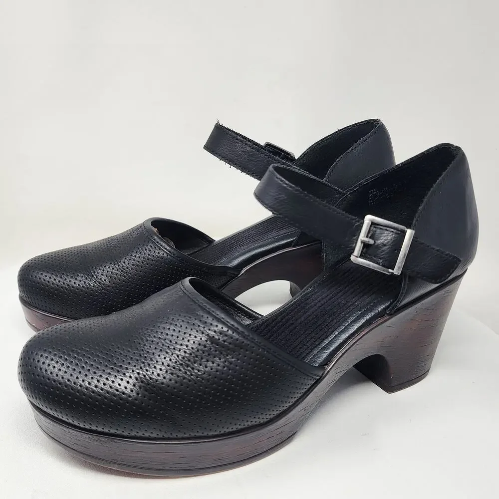 B.O.C Born Gia Mary Jane Wood Clog Women 11M Black ankle Strap Perforated Vamp